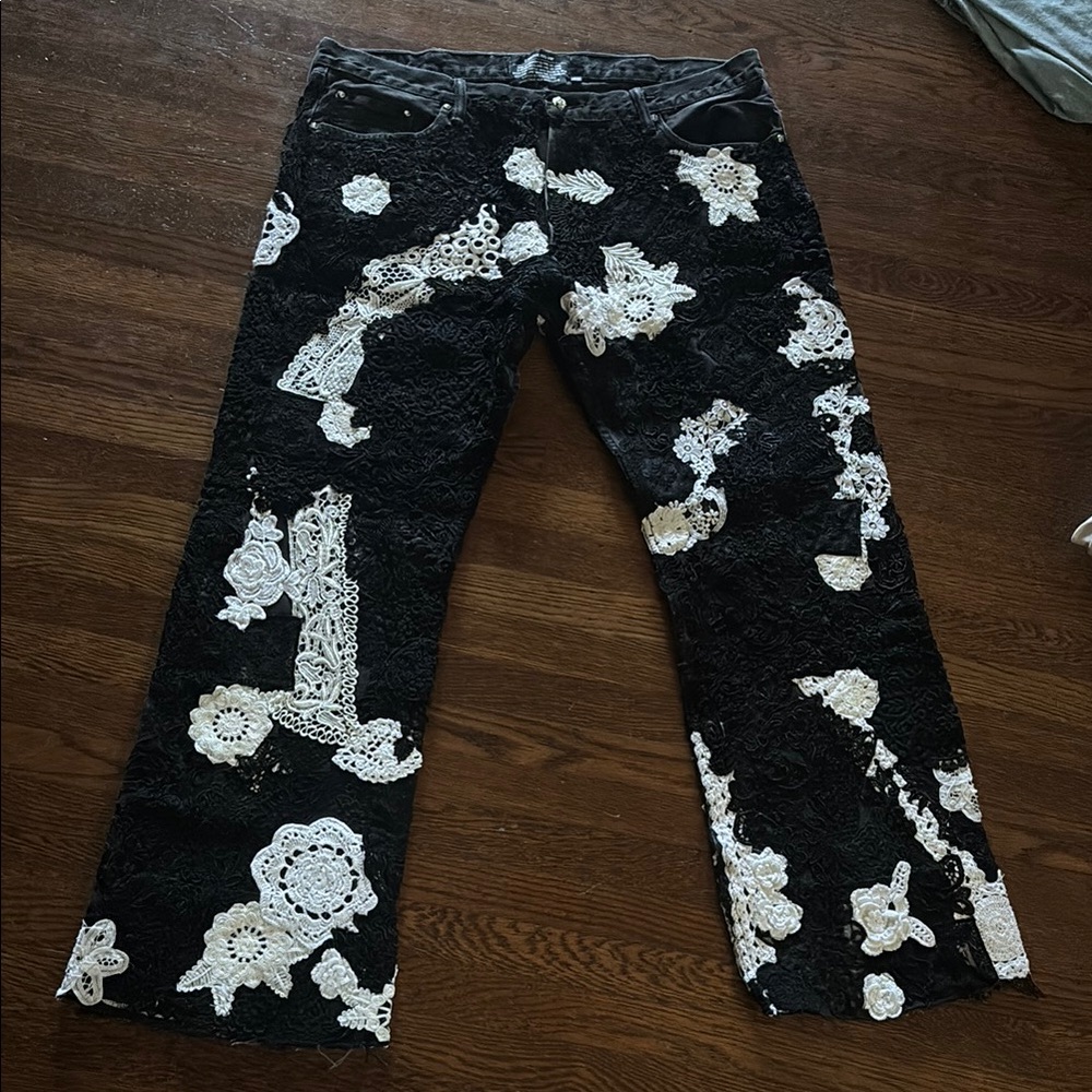 Louis Vuitton Black and White Flare Jeans with Ornate Design